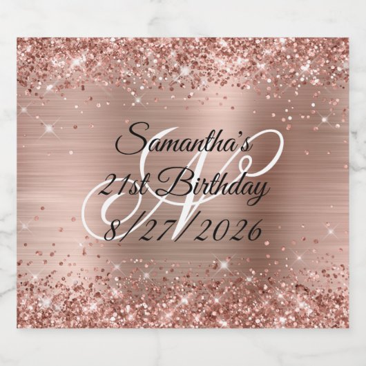 Roos Gold Glitter en Folie Monogram 21ste verjaard Sparkling Wijnetiket (Enkel label)