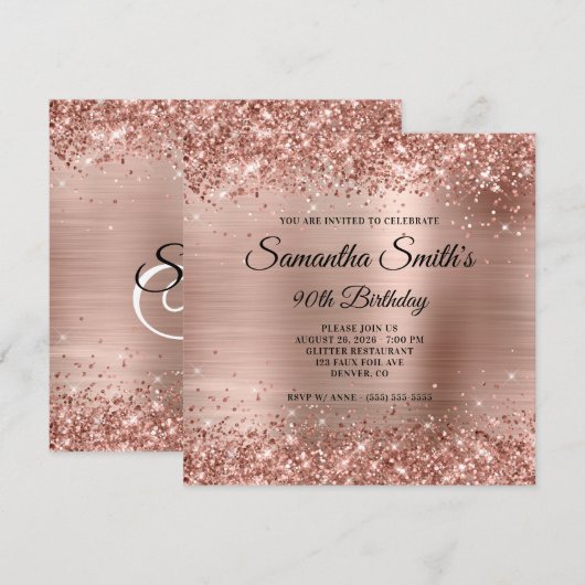 Roos Gold Glitter en Folie Monogram 90e verjaardag Kaart (Voorkant / Achterkant)