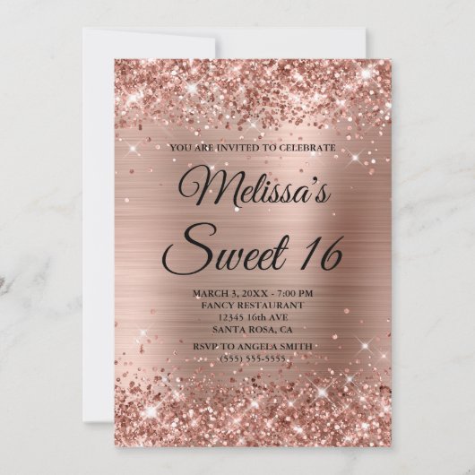 Roos Gold Glitter en Folie Sweet 16 Fancy Monogram Kaart (Voorkant)