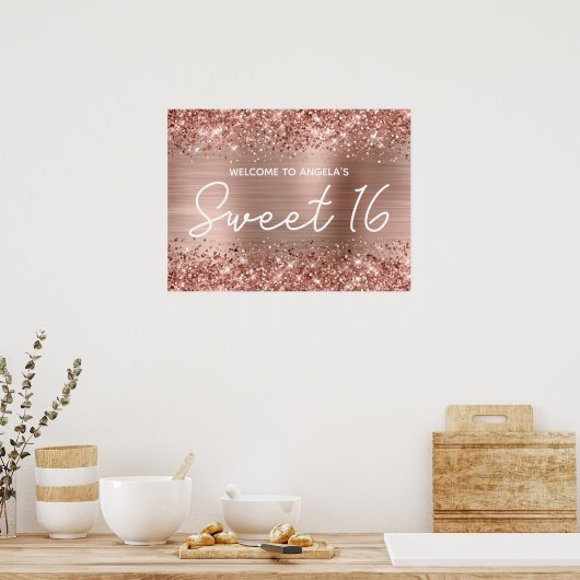 Roos Gold Glitter en Folie Sweet 16 Welkom Poster (Keuken)