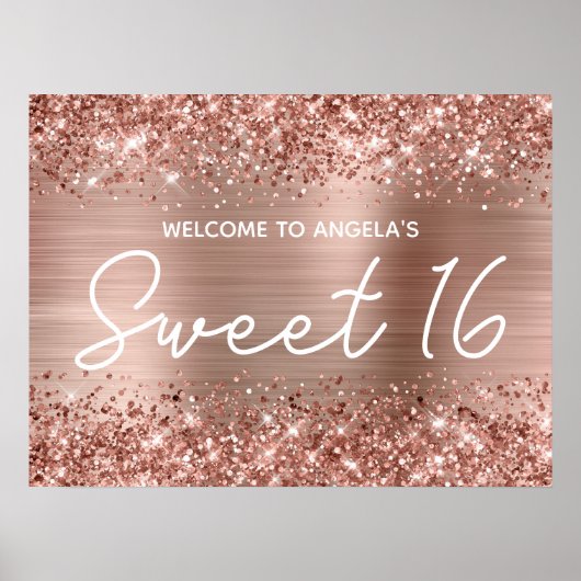 Roos Gold Glitter en Folie Sweet 16 Welkom Poster (Voorkant)