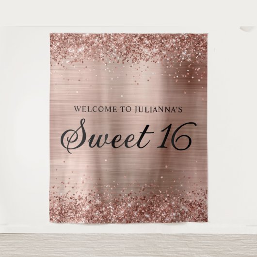 Roos Gold Glitter en Folie Sweet 16 Welkom Wandkleed (Voorkant)