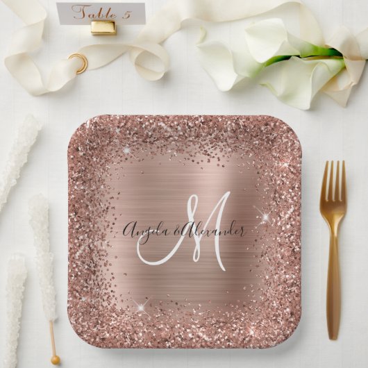 Roos Gold Glitter en Folie Wedding Monogrammen Papieren Bordje (Huwelijk)