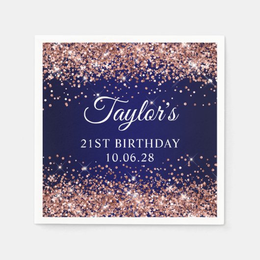 Roos Gold Glitter en Navy Blue 21st Birthday Servet (Voorkant)