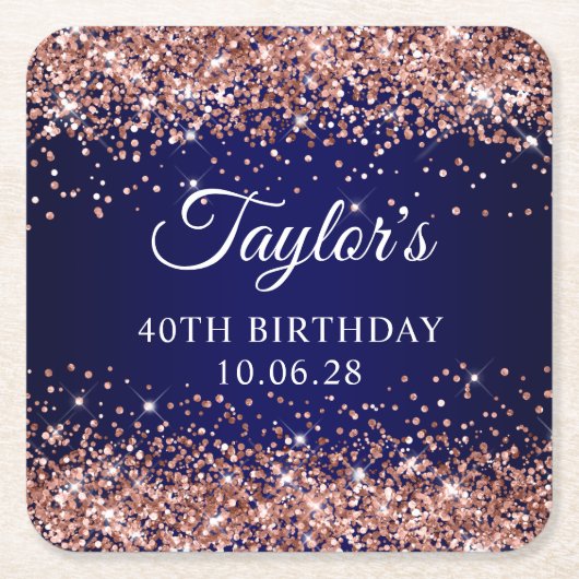 Roos Gold Glitter en Navy Blue 40e Verjaardag Kartonnen Onderzetters (Voorkant)