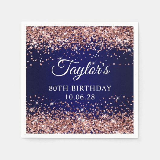 Roos Gold Glitter en Navy Blue 80e verjaardag Servet (Voorkant)