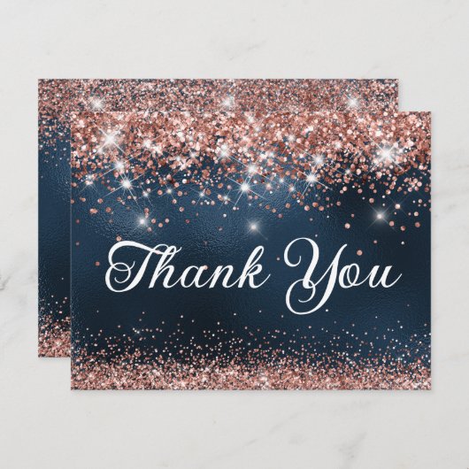 Roos Gold Glitter en Navy Blue Folie 40e Verjaarda Bedankkaart (Voorkant / Achterkant)