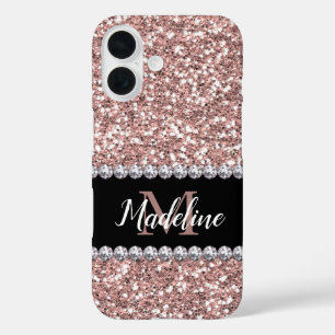 Roos Gold Glitter en Pareltjes met naam en monogra iPhone 16 Hoesje