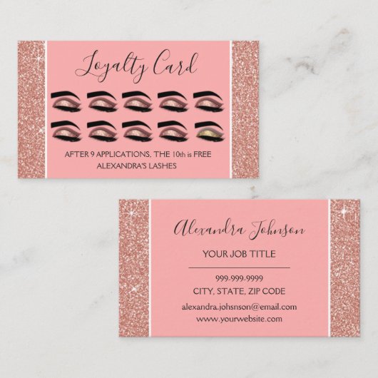 Roos Gold Glitter en Sparkle Eyelash Extensions Klantenkaartje (Voorkant / Achterkant)