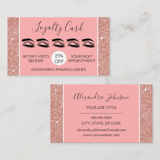 Roos Gold Glitter en Sparkle Lashes Loyaliteit Klantenkaartje (Voorkant / Achterkant)