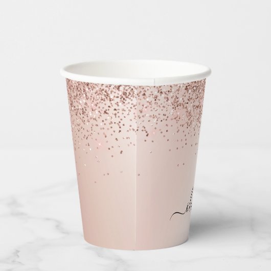 Roos Gold Glitter en Sparkle Monogram Paper Cups Papieren Bekers (Rechts)