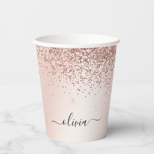 Roos Gold Glitter en Sparkle Monogram Paper Cups Papieren Bekers (Voorkant)
