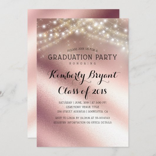 Roos Gold Glitter en Sring Lights Afstuderen Kaart (Voorkant / Achterkant)