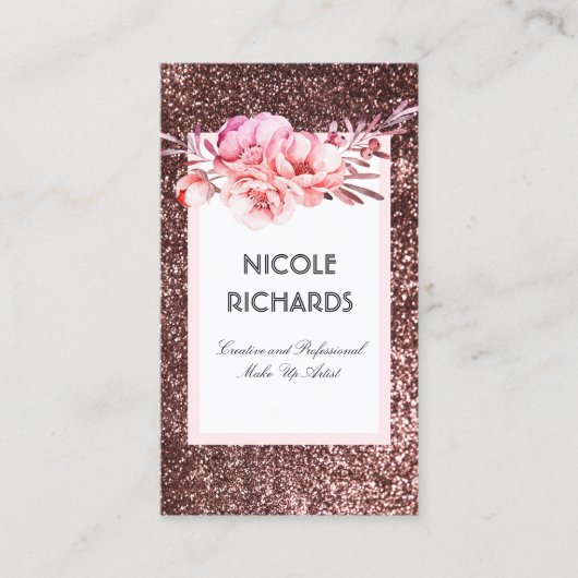 Roos Gold Glitter en Waterverf Flowers  Visitekaartje (Voorkant)