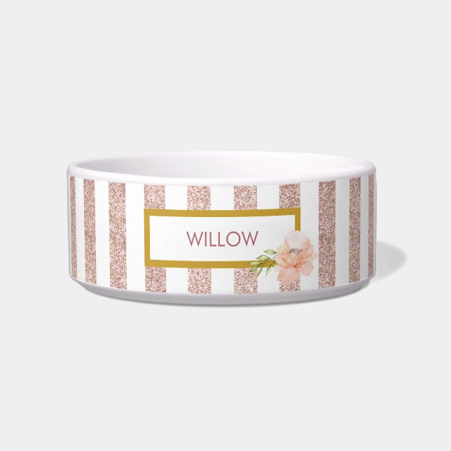Roos Gold Glitter en White Striped Voerbakje (Voorkant)