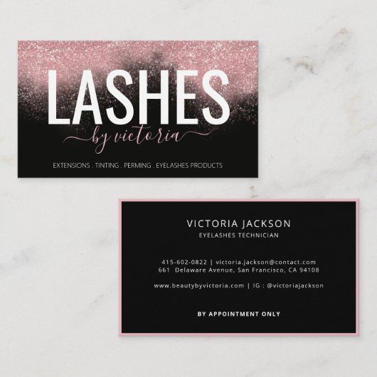 Roos Gold Glitter Eyelashes-technicus zwart roze Visitekaartje (Voorkant / Achterkant)