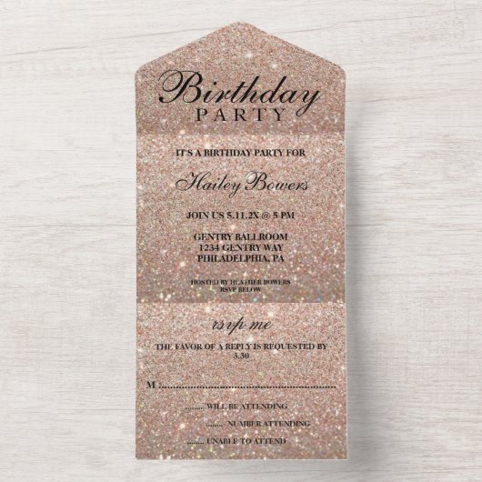 Roos Gold Glitter Fab Birthday Party All In One Uitnodiging (Binnen)