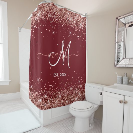 Roos Gold Glitter Family Monogram Bourgogne Douchegordijn (In situ)