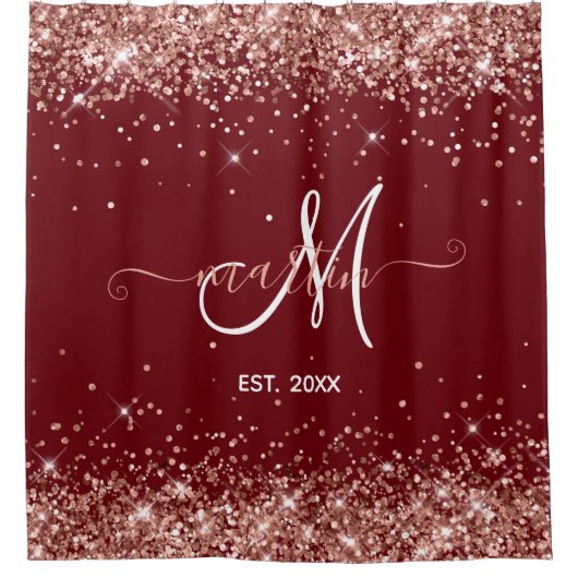 Roos Gold Glitter Family Monogram Bourgogne Douchegordijn (Voorkant)