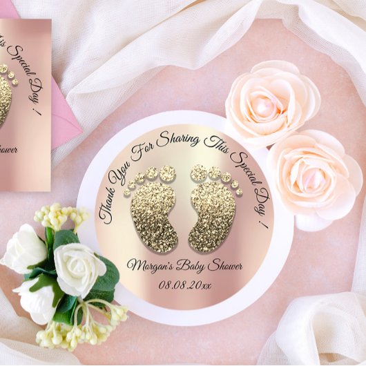 Roos Gold Glitter Feet Baby shower Favor Dank je Ronde Sticker
