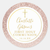 Roos Gold Glitter First Heilige Communie Ronde Sticker (Voorkant)