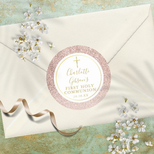 Roos Gold Glitter First Heilige Communie Ronde Sticker