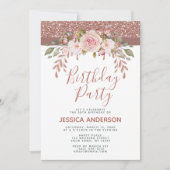 Roos Gold Glitter Floral Birthday Party Kaart (Voorkant)