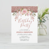 Roos Gold Glitter Floral Birthday Party Kaart (Staand voorkant)