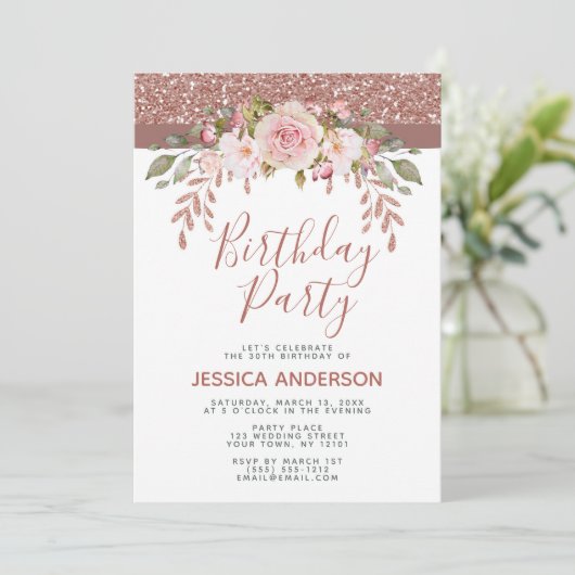 Roos Gold Glitter Floral Birthday Party Kaart (Staand voorkant)