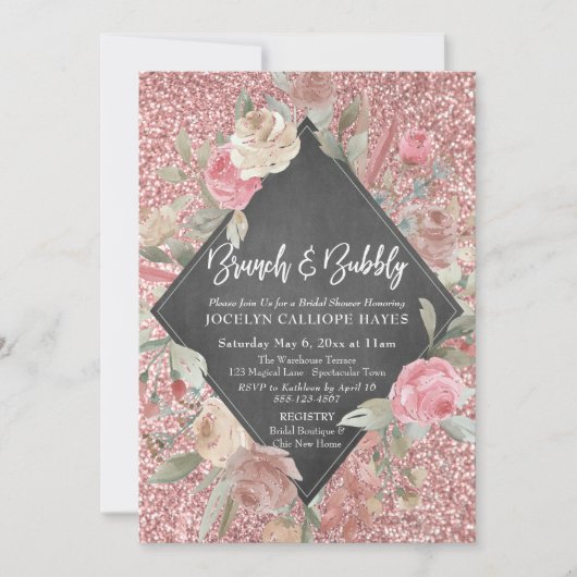Roos Gold Glitter Floral Chalkboard Brunch Bubbly Kaart (Voorkant)
