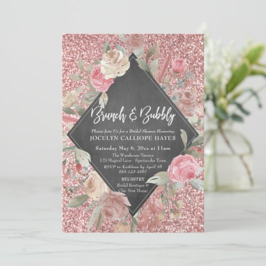 Roos Gold Glitter Floral Chalkboard Brunch Bubbly Kaart (Staand voorkant)