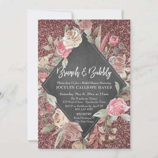 Roos Gold Glitter Floral Chalkboard Brunch Bubbly Kaart (Voorkant)