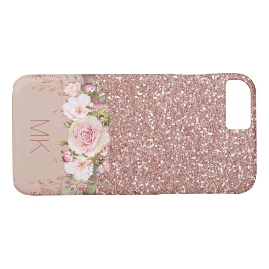 Roos Gold Glitter Floral met Monogram Case-Mate iPhone Case (Achterkant (Horizontaal))