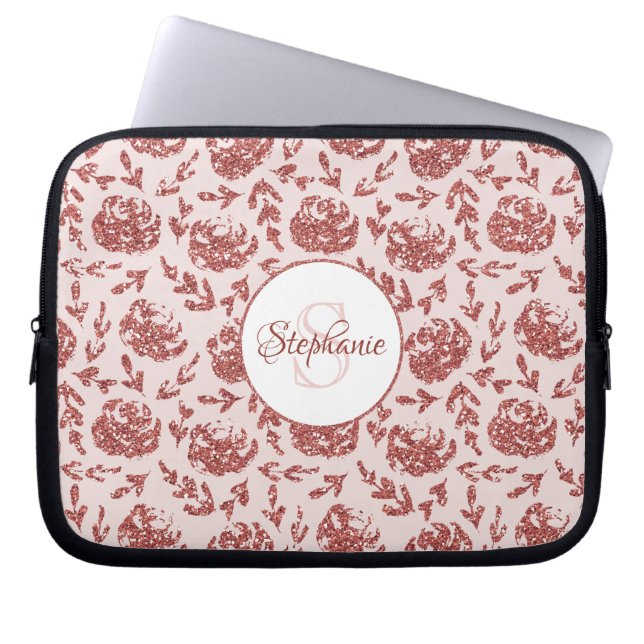 Roos Gold Glitter Floral Monogram Gepersonaliseerd Laptop Sleeve (Voorkant)