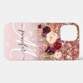 Roos Gold Glitter Floral Monogram Naam Case-Mate iPhone Case (Achterkant (horizontaal))