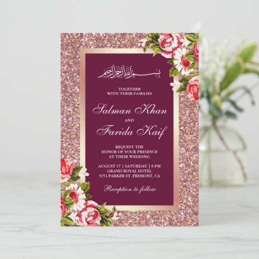 Roos Gold Glitter Floral roze islamitische moslim Kaart (Staand voorkant)
