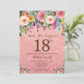 Roos Gold Glitter Floral Surprise 18e Verjaardag Kaart (Staand voorkant)