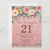 Roos Gold Glitter Floral Surprise 21st Birthday Kaart (Voorkant)