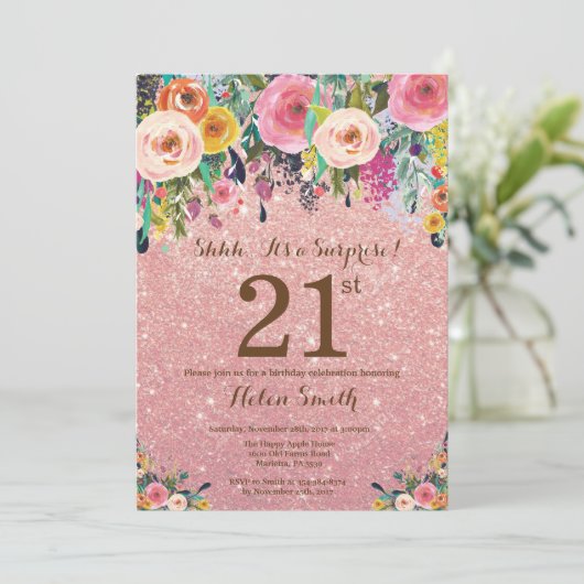 Roos Gold Glitter Floral Surprise 21st Birthday Kaart (Staand voorkant)