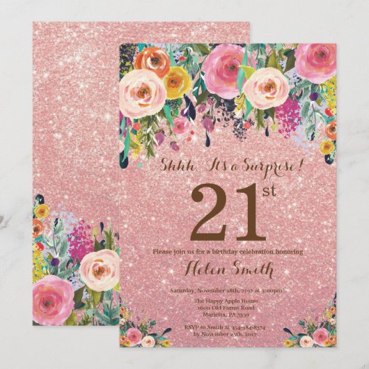 Roos Gold Glitter Floral Surprise 21st Birthday Kaart (Voorkant / Achterkant)