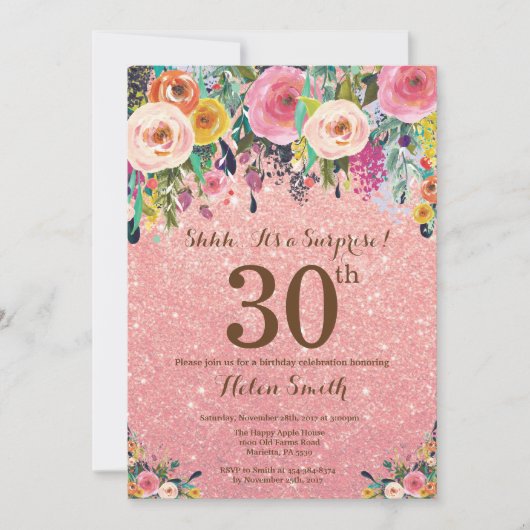 Roos Gold Glitter Floral Surprise 30th Birthday Kaart (Voorkant)