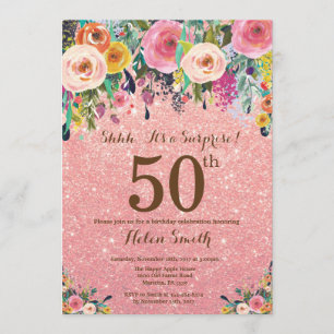 Roos Gold Glitter Floral Surprise 50th Birthday Kaart