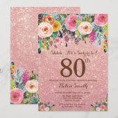 Roos Gold Glitter Floral Surprise 80th Birthday Kaart (Voorkant / Achterkant)