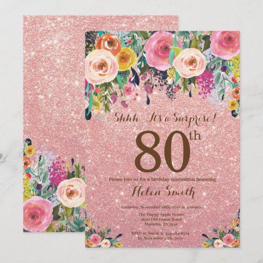Roos Gold Glitter Floral Surprise 80th Birthday Kaart (Voorkant / Achterkant)