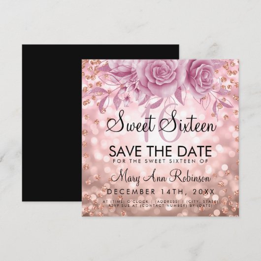 Roos Gold Glitter Floral Sweet 16 Kaart (Voorkant / Achterkant)