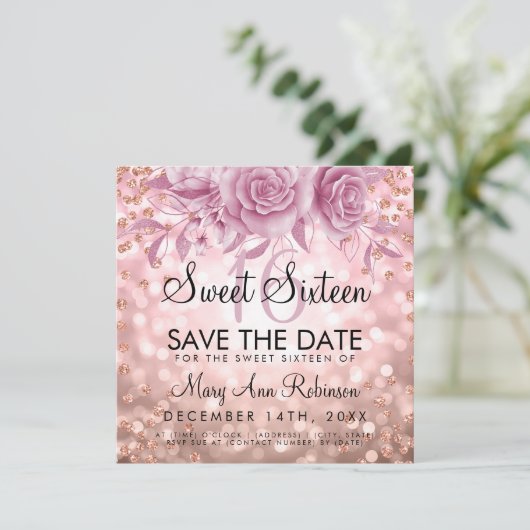 Roos Gold Glitter Floral Sweet 16 Kaart (Staand voorkant)
