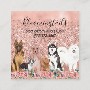 Roos Gold Glitter Floral Waterverf Dogs Grooming Vierkante Visitekaartje