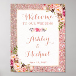 Roos Gold Glitter Floral Weddenschap Welkomstteken Poster