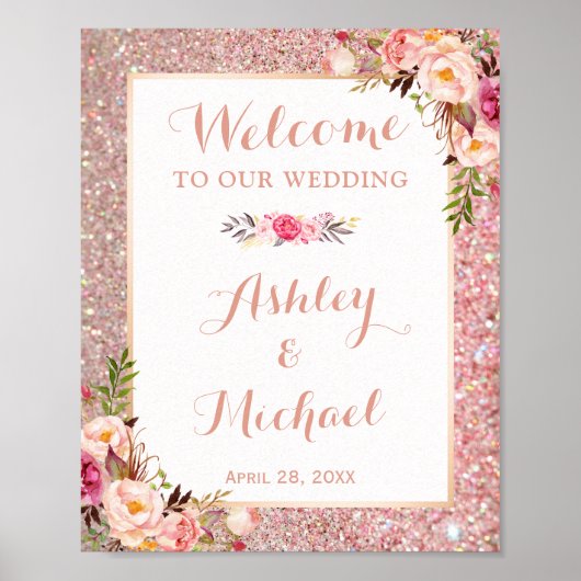 Roos Gold Glitter Floral Weddenschap Welkomstteken Poster (Voorkant)