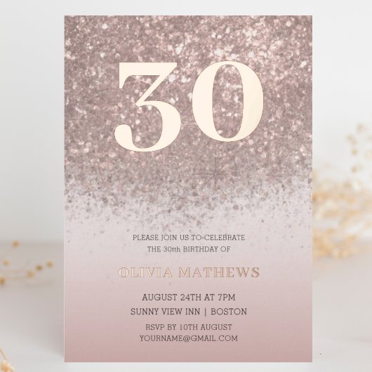 Roos Gold Glitter & Folie 30e Verjaardag Folie Uitnodiging
